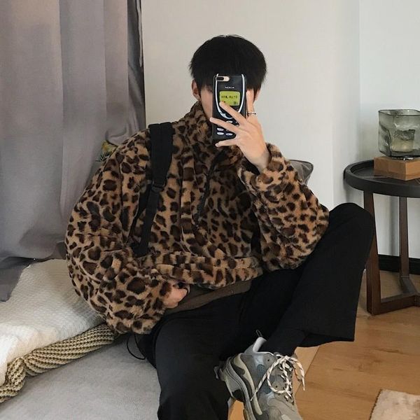 

fashion leopard stand collar short coat men 2020 autumn loose long sleeve warm jacket casual pullover sweatshirt male s-xl, Black;brown
