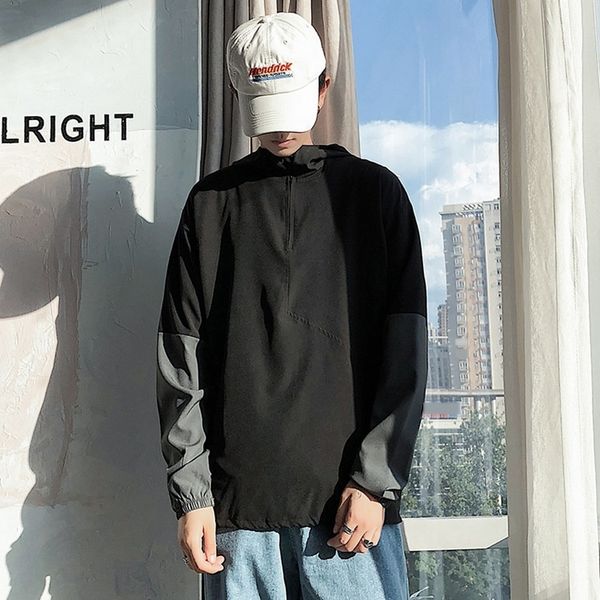 

2020 осень новых корейского стиля капюшон модного контраста бренд цвет персонализированные рукава шить мужской свободный длинный свитер swea, Black