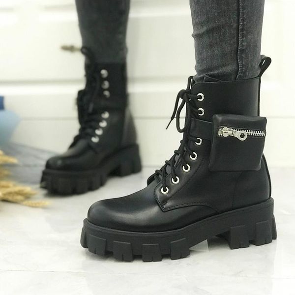 

ins 2021 fashion pocket zipper shoes ladies ankle boots buckle belt ladies chunky punk roman shoes, sales size range 36-41, Black
