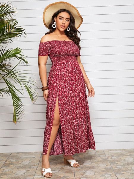 

plus off shoulder shirred split ditsy floral dress z4xl#, Black