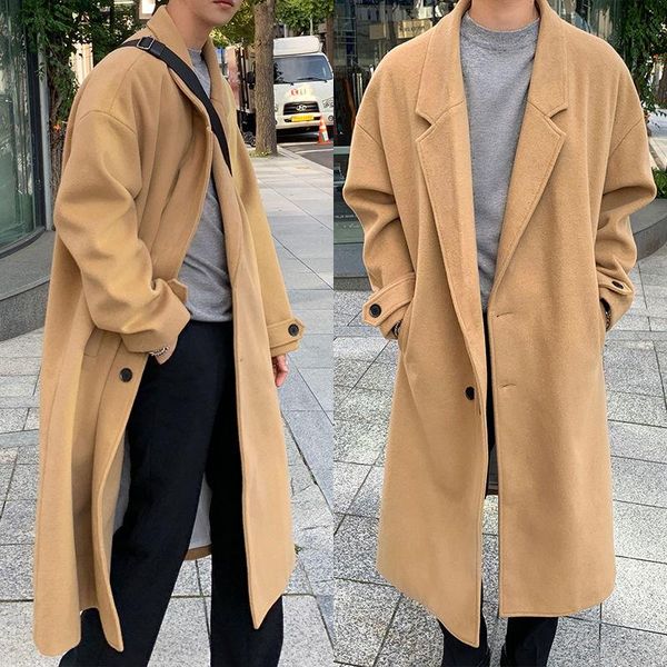 

korean style woolen coat men's fashion solid color casual long coat men wild loose oversize woolen jacket mens overcoat m-2xl, Black