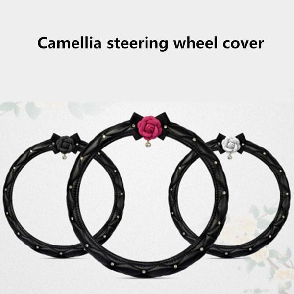 

camellia flower car steering wheel cover leather black white auto steering-wheels case for girls women universal size m 38cm