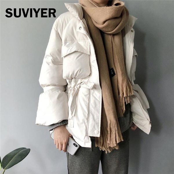 

suviyer] news winter jacket women 2020 cotton thick long flared sleeves coat women fashion parka stand-up collar warm, Black
