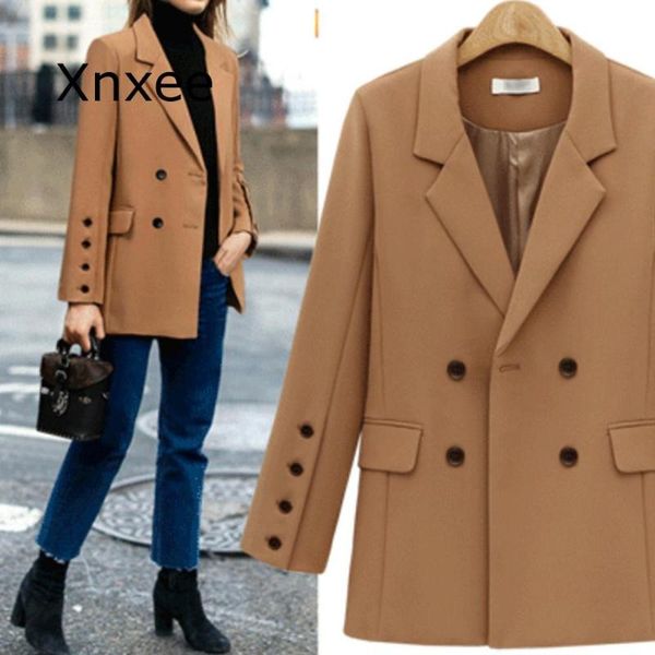 

women camel black double breasted blazer suit autumn long sleeve turn down collar button blazer business work coats, White;black