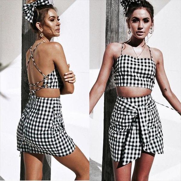 

spaghetti strap plaid clubwear outfits 2 piece set women crop bandge bodycon skirts oufits night party two piece set, Gray