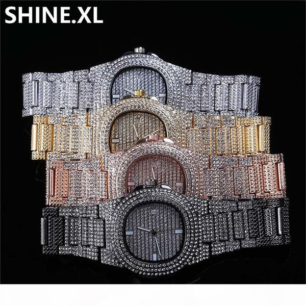 

mens watch quartz gold hip hop wrist watches with micro pave cz stainless steel wristband clock hours, Slivery;brown