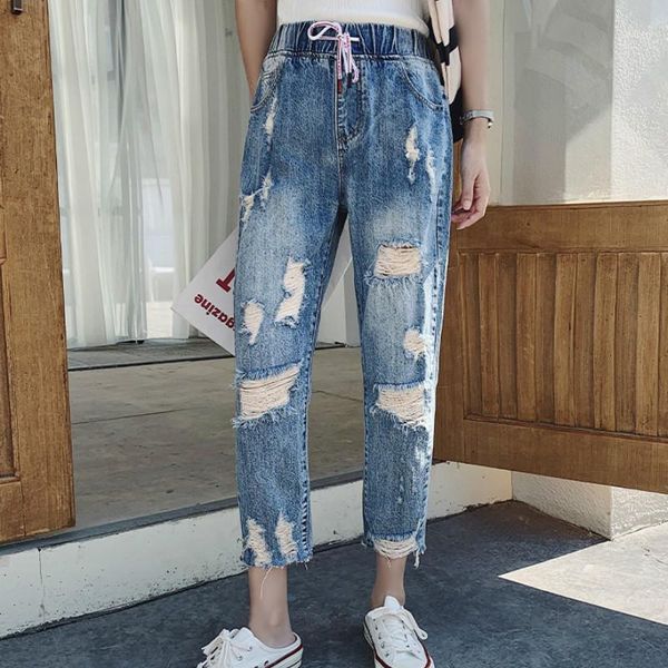 

summer plus size elastic waist ripped hole 9/10 length capri denim pants jeans for women l xl 2xl 3xl 4xl1, Blue