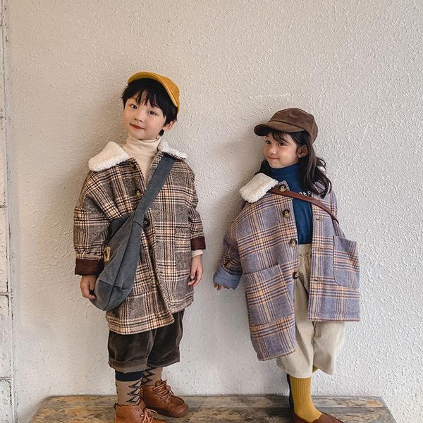

90-130 cm winter girls boys thick warm long plaid coat baby kids children jacket outerwear two colors, Blue;gray