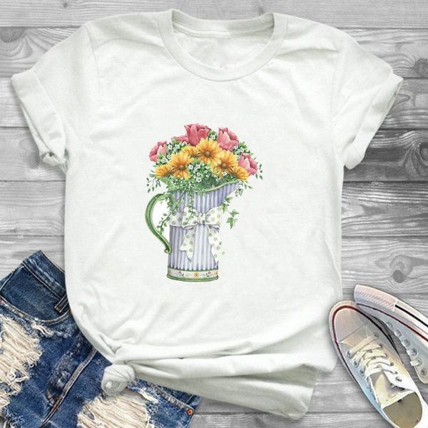 

t shirt women flower printend tshirts women tees casual o-neck short sleeve harajuku cool thirt female tee, White