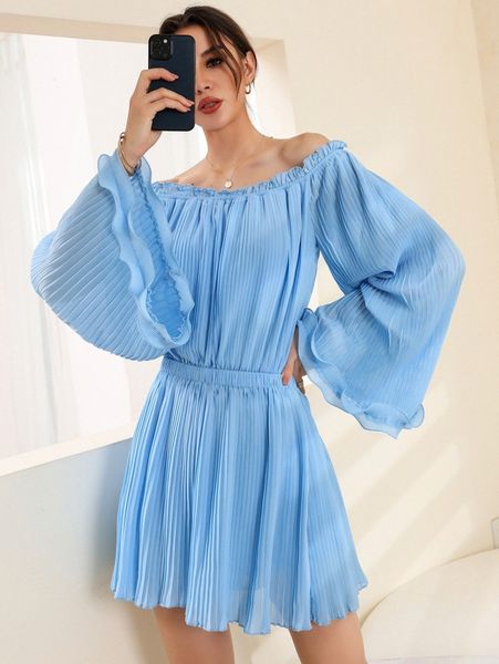 

frill trim elastic waist plisse dress u2u4#, White