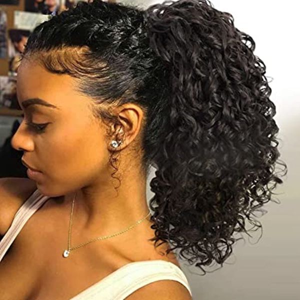 

diva1 3b 3c clip in curly ponytail for women human short drawstring ponytails african american hair extension natural looking hairpiece 120g, Black