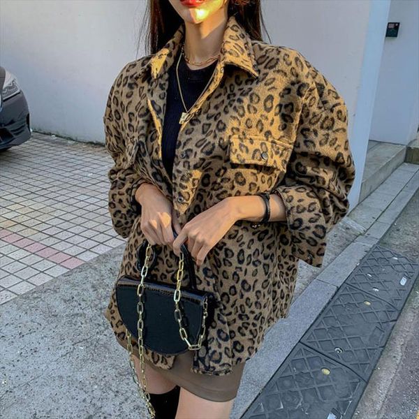 

2021 spring vintage leopard jacket plus size leopard female coat winter for woman clothes elegant wool outwear qt17, Black;brown