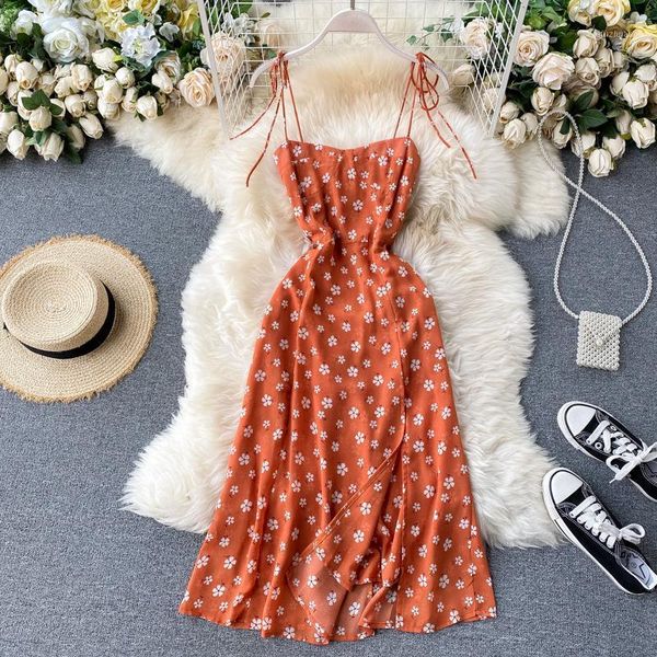 

singrain korean daisy print strap dress women elastic ruched sleeveless split party dress summer off shoulder boho beach1, Black;gray