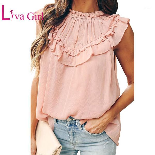 

liva girl elegant ruffles tulle chiffon woman tank summer plus size solid o-neck sleeveless tanks female body clothes s-xxl1, White