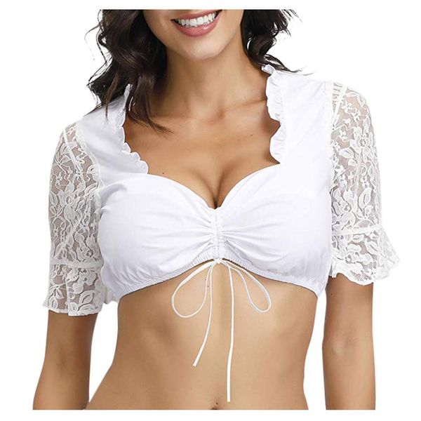 

plaid lace v-neck button womens and blouses square collar elegant blouse dirndl plus size for oktoberfest, White