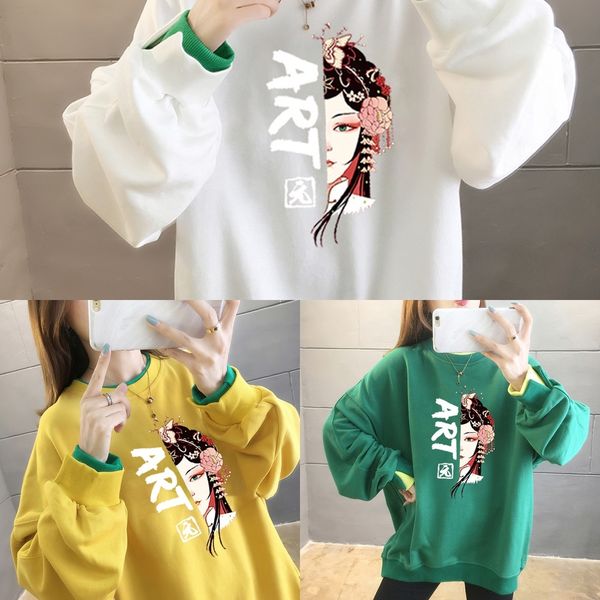 

7f5ri large autumn pullovernational facial clothes ins internet celebrity chinese style national fashion pullover makeup loose 2020 pullover, Black