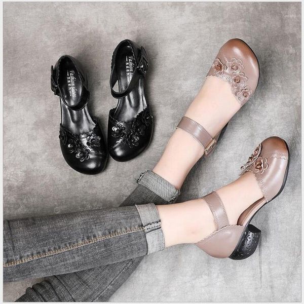 

genuine leather pumps plus size 36-41 thick heel shoes spring summer woman med heels hollow women sandal cow leather pumps1, Black