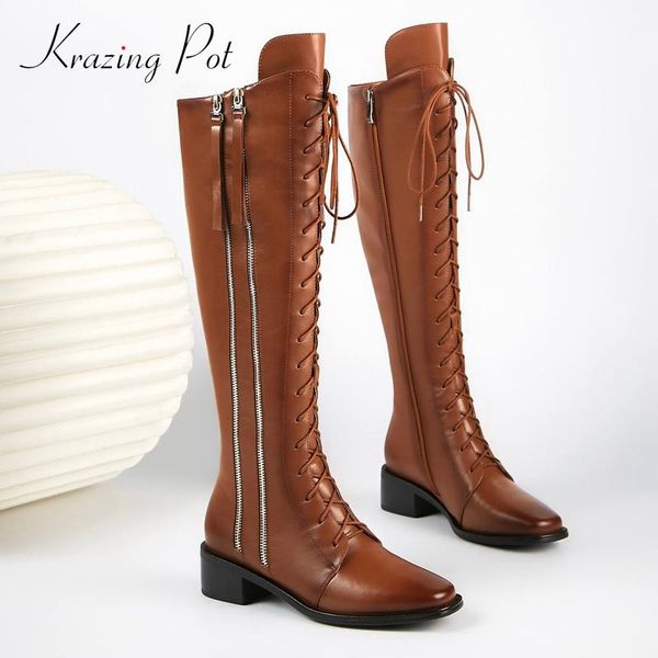 

krazing pot equestrian boots natural leather cross-tied coolest square toe thick med heel zipper young lady knee-high boots l2f1, Black