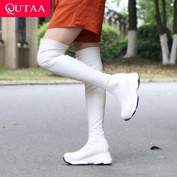 

qutaa 2021 keep warm женщины boots круглый toe зимний клинья повседневная обувь женщины кожа pu stretch над коленом boots размер 34-43, Black