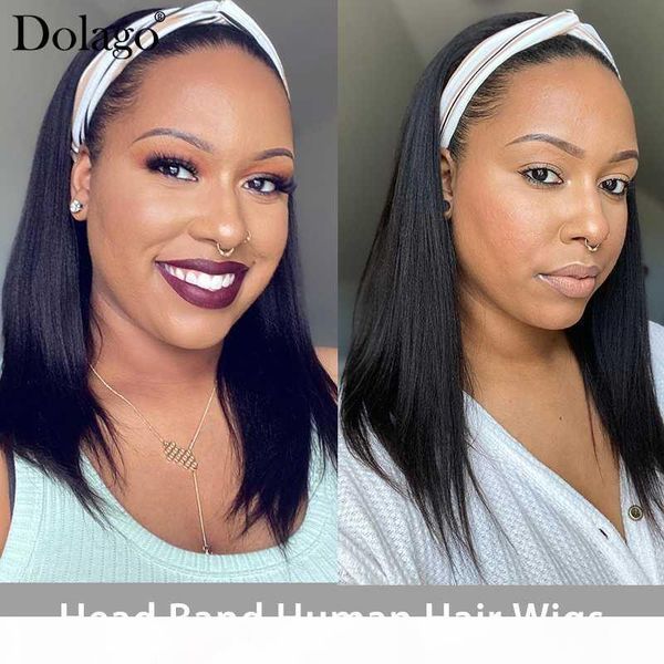 

light yaki straight human hair wig with headband lace front wig head band hairpiece natural kinky curly with head bands, Black;brown