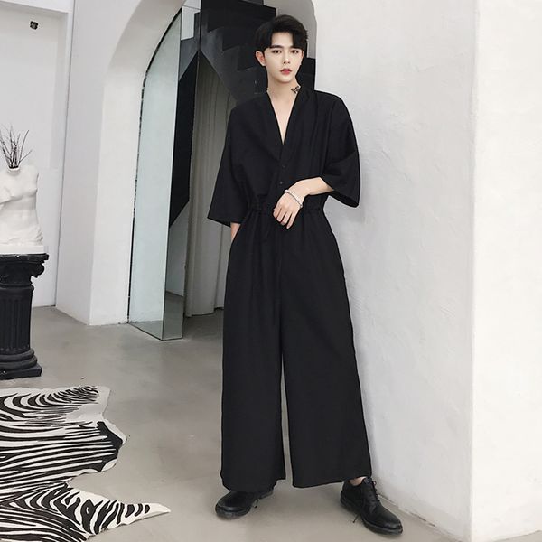 

2021 summer designer new deep v-collar catsuit personality popular of men loose leg drop pants 9 minutes ffde, Black