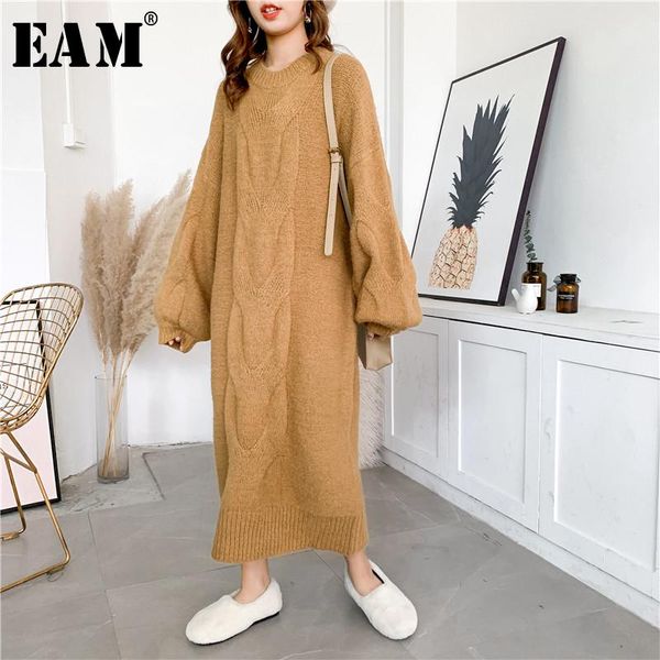 

casual dresses [eam] women camel big size knitting long dress round neck sleeve loose fit fashion tide autumn winter 2021 1y205, Black;gray