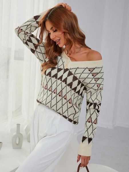

geo pattern drop shoulder sweater h19y#, White