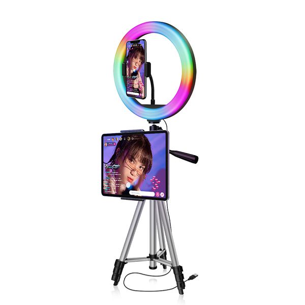 

rgb ring light for makeup pgraphy lamp with tripod stand phone holder voice control music sync color changing selfie light