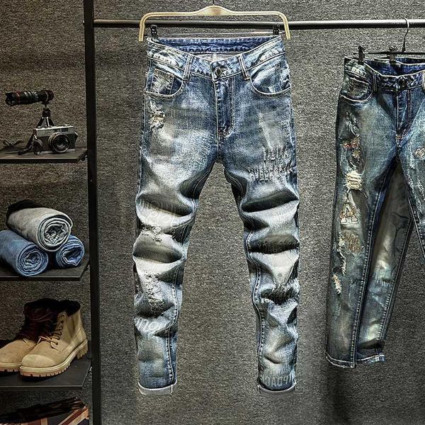 

2020 spring autumn men's cotton jeans pants loose fit denim trousers men's brand fashion wear and washed damaged jean pants blue1, Blue