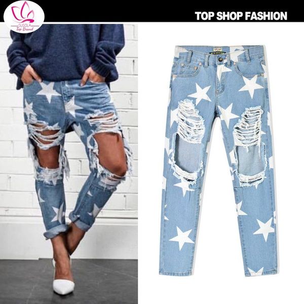 

women's jeans susola 2021 women print five-pointed star vintage boyfriend holes ripped denim trousers female lady pants, Blue