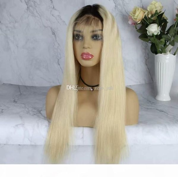 

full lace human hair wigs brazilian light blonde human hair color ombre #1bt613 straight thick glueless lace front wigs with baby hair, Black;brown