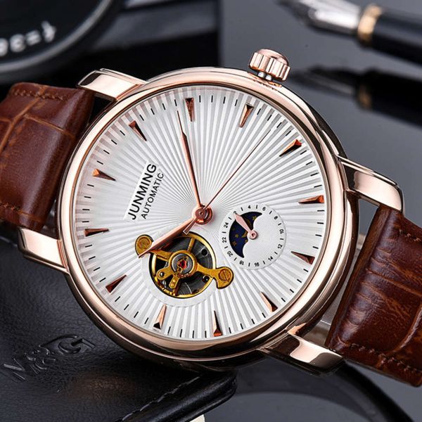 

men's business gold watch 2021 rose belt waterproof sun moon stars simple automatic mechanical watch men's watchwlfx, Slivery;brown