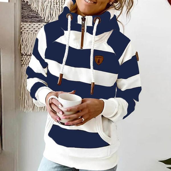 

new 2021 women zipper stripe hooded sweatshirt long sleeve drawstring pocket hoodies female winter thick harajuku outwear n4f8, Black