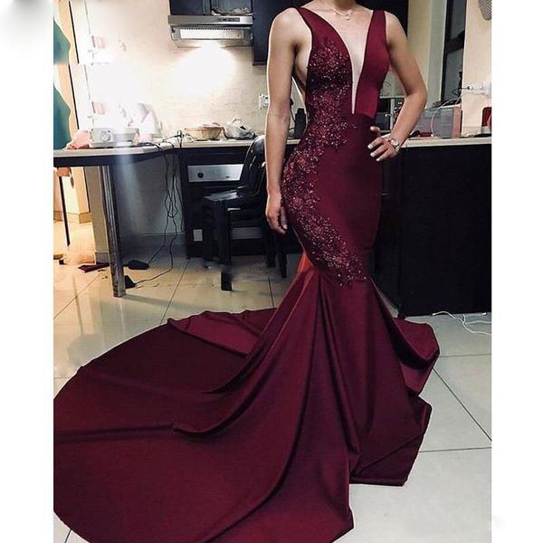 

burgundy mermaid arabic dubai evening dresses deep v neck beading lace formal evening gown sweep train party dress robes de soiree, Black;red