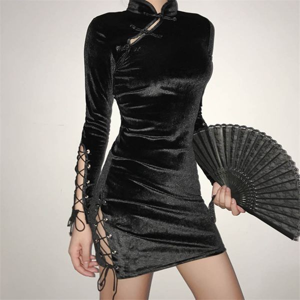 

retro cheongsam style velvet dress female 2020 spring new temperament slimming lace-up buckle split skirt women's black dress size s-xl, Black;gray
