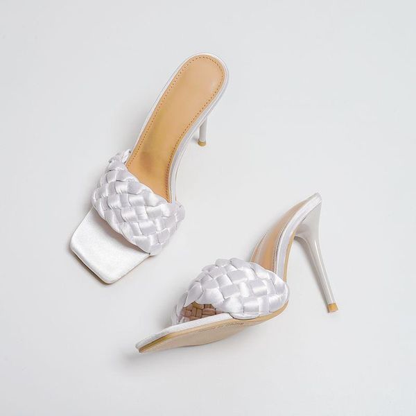 

silk woven dress heels women chic slippers square toe slides female fashion summer sandals with high heel 11cm 2021 brand, Black