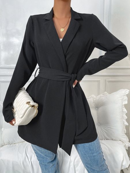 

lapel neck solid belted blazer q2xn#, White;black