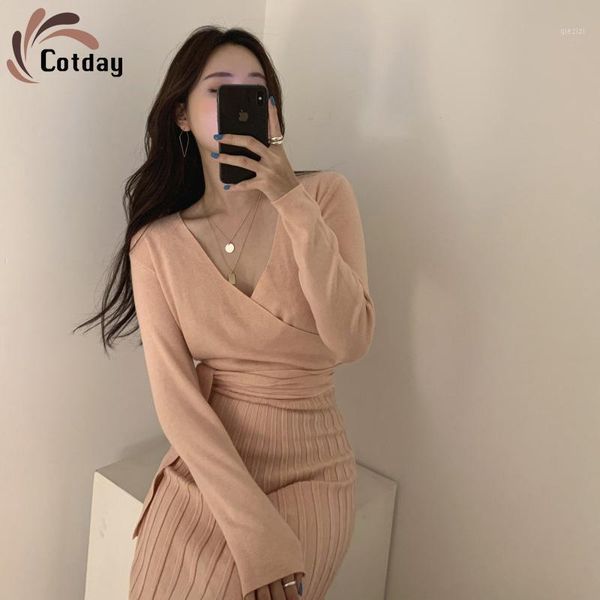 

cotday knitted v neck pink temperament elegant korean style 2020 new long sleeve women autumn winter long pleated dresses1, Black;gray
