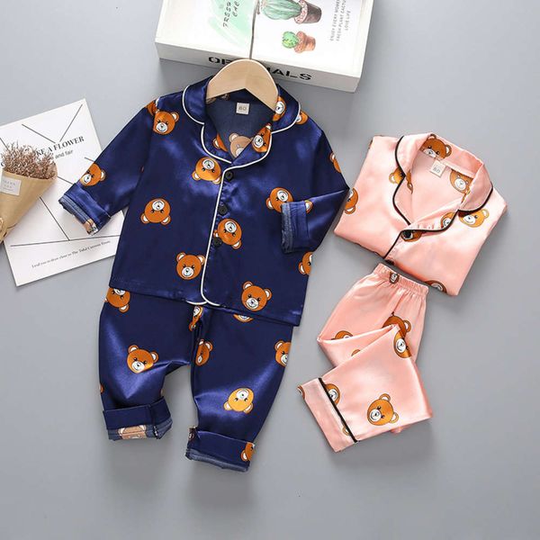 

lapel pajamas children's cartoon long sve two piece suit, Blue;red
