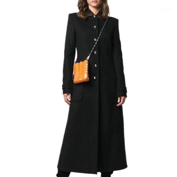 

women winter new fashion single breasted long woolen coat stand collar outwear ladies warm slim overcoats1, Black