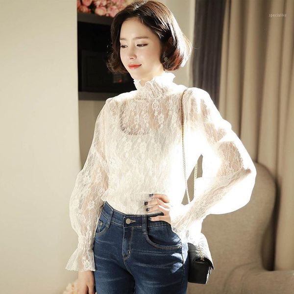 

women spring summer style lace blouses shirts lady casual long sleeve stand collar underwear blusas df38091, White