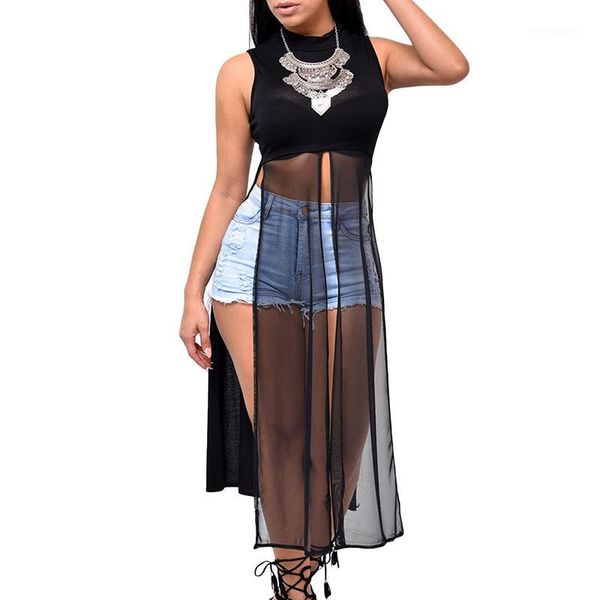 

casual dresses dress summer women's long elegant party slim sleeveless beach for female o-neck mesh split black1, Black;gray