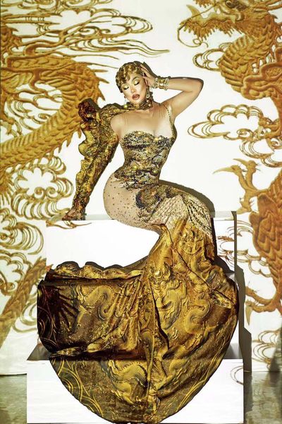 

gold dragon pattern sparkly rhinestone evening party floor-length dress women celebriate prom mermaid dress singer stage wear, Black;red