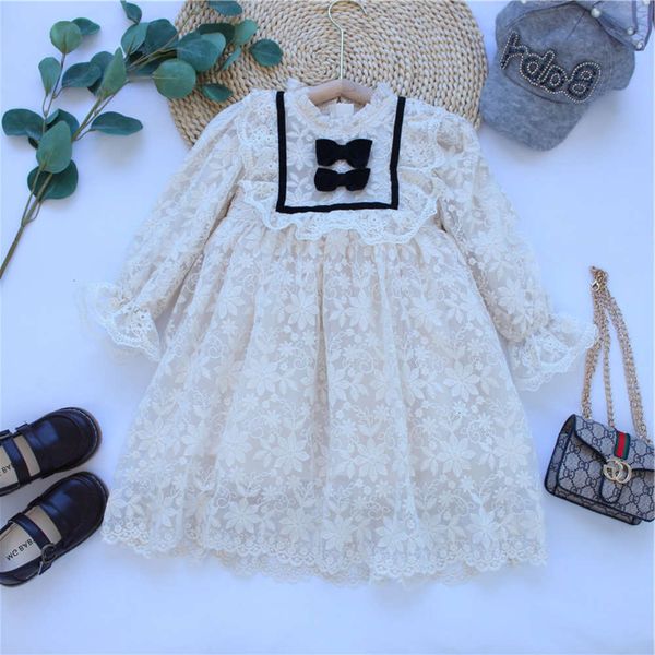 

korean 2020 new girls' drs autumn long sve super foreign sle lace bow tie princs skirt 65507, Red;yellow