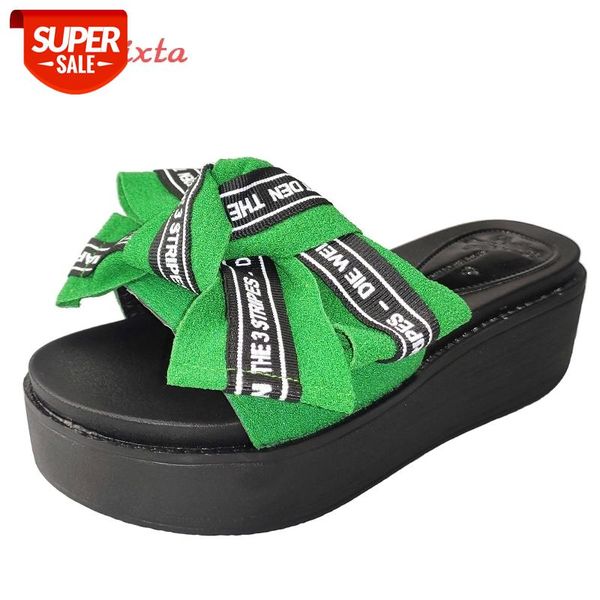 

aphixta riband butterfly-knot platform slides women beach wedge heel shoes clog slippers flip flop slides femme #cu7g, Black