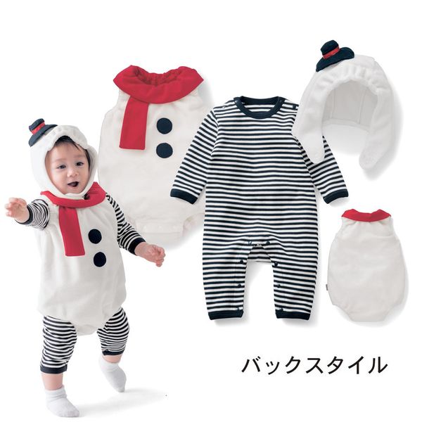 Children's Christmas Christmas Bebê Três peças Terno Striped Jumpsuit + Casaco de Boneco de Neve + Chapéu Terno de Bebê Crianças Set Macacos