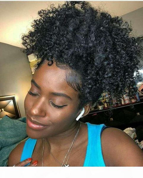 

human hair short afro kinky curly pony tail hair extension 120g high puff afro ponytails drawstring ponytail (black-1b