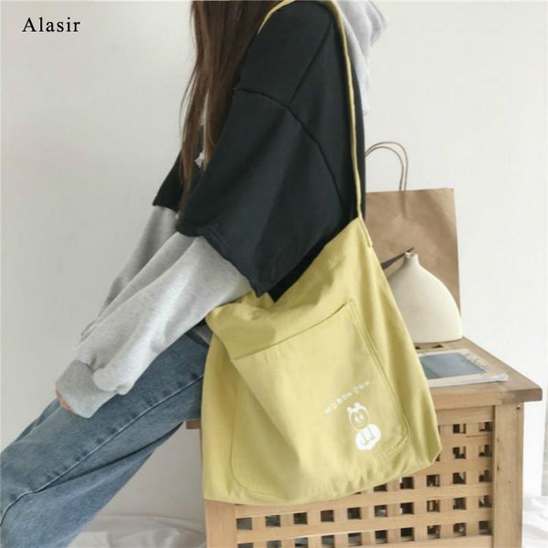 

alasir korean style simple shoulder bag female canvas crossbody bag large shopping student cartoon printing casual tote bags