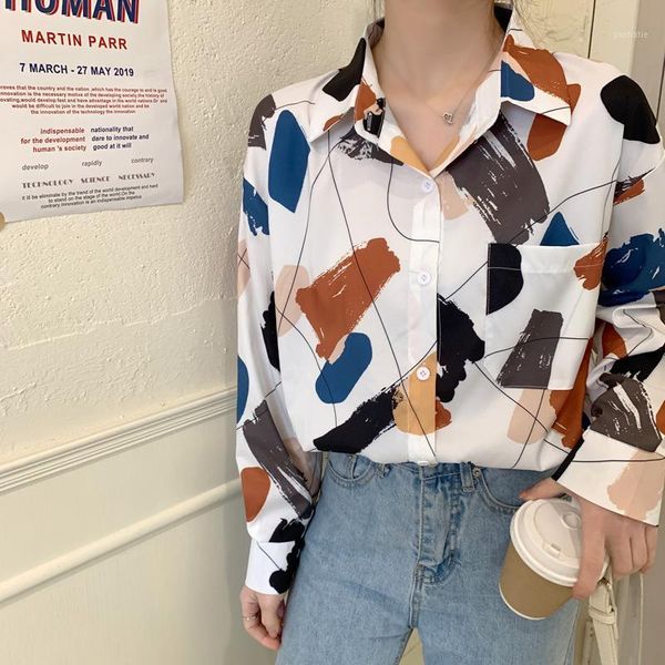 

2021 new women's clothing spring fashion printing long sleeves shirts turn-down collar blouse female1, White