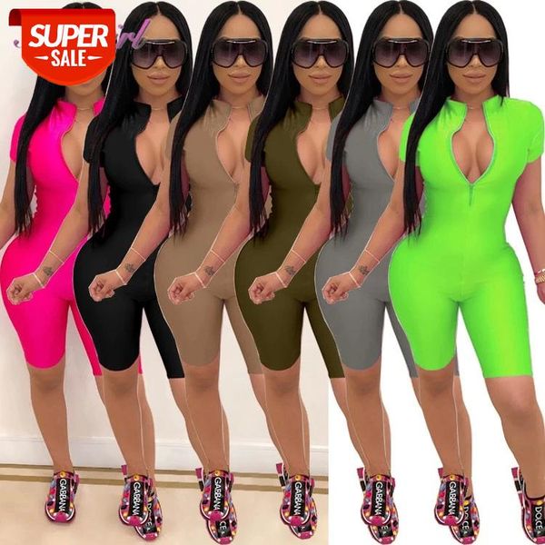

neon color zipper up short sleeve night party club jumpsuit women outfit biker fitness streetwear playsuit overalls rompers #ac70, Black;white